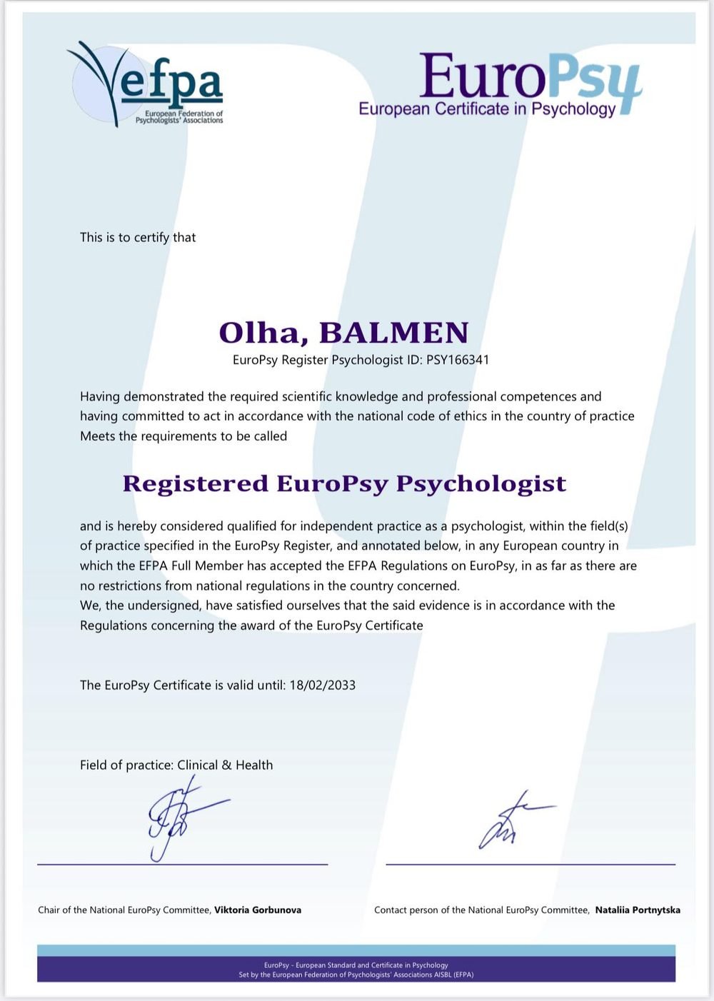EuroPsy Certificate in Psychology EFPA, 2026